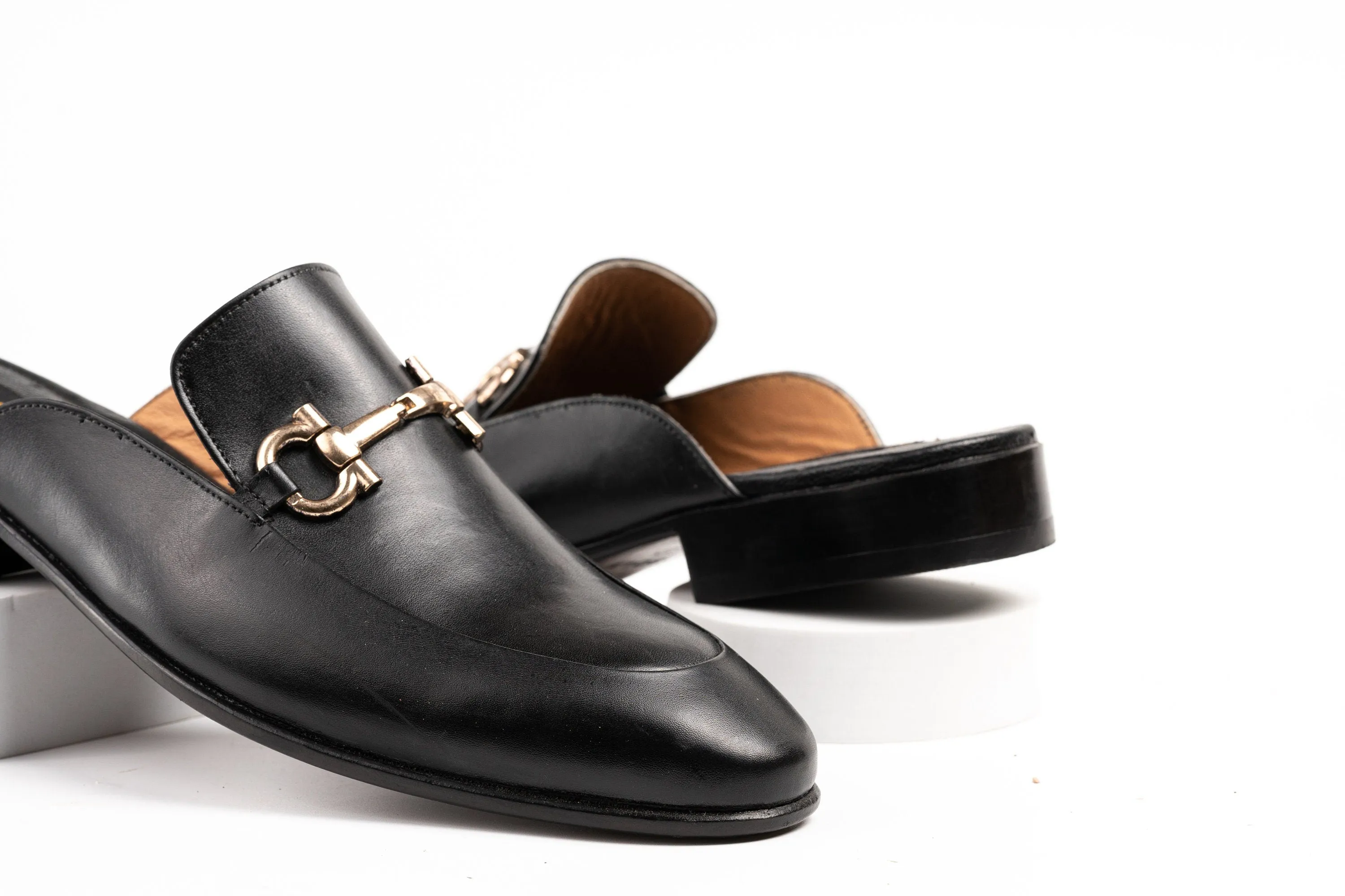 Black Aniline Horsebit backless loafer Slip on Mule