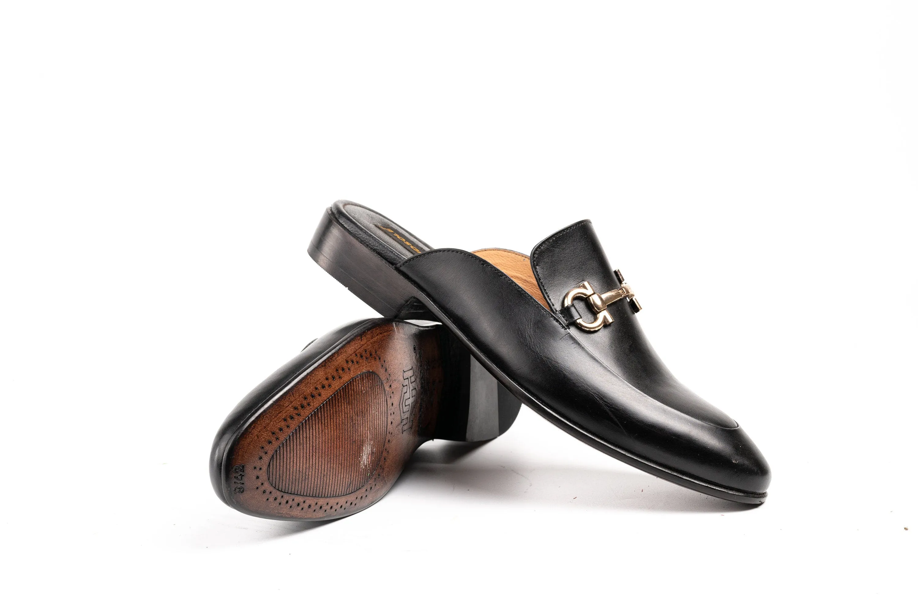 Black Aniline Horsebit backless loafer Slip on Mule