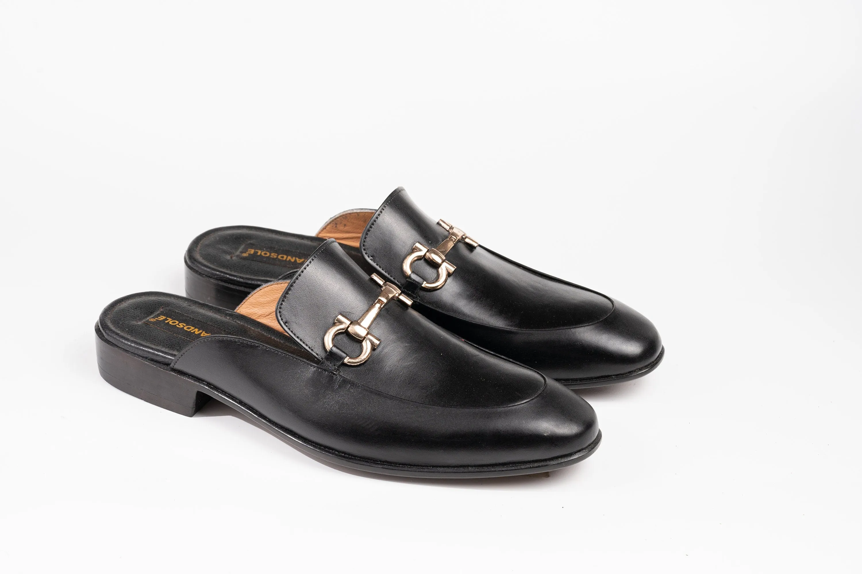 Black Aniline Horsebit backless loafer Slip on Mule