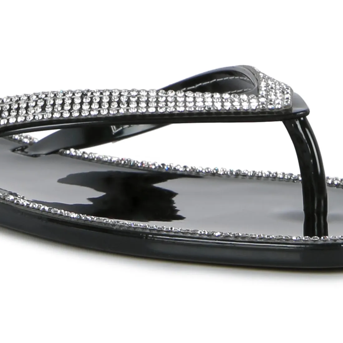 Black Diamante Stud Detail Thong Flats