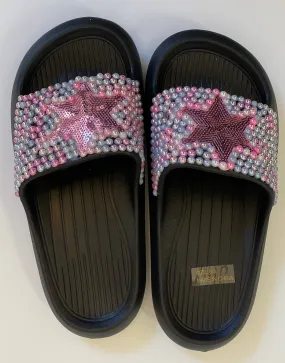 BLACK SLIP ON SLIDES WITH GRAPHICS PINK STAR