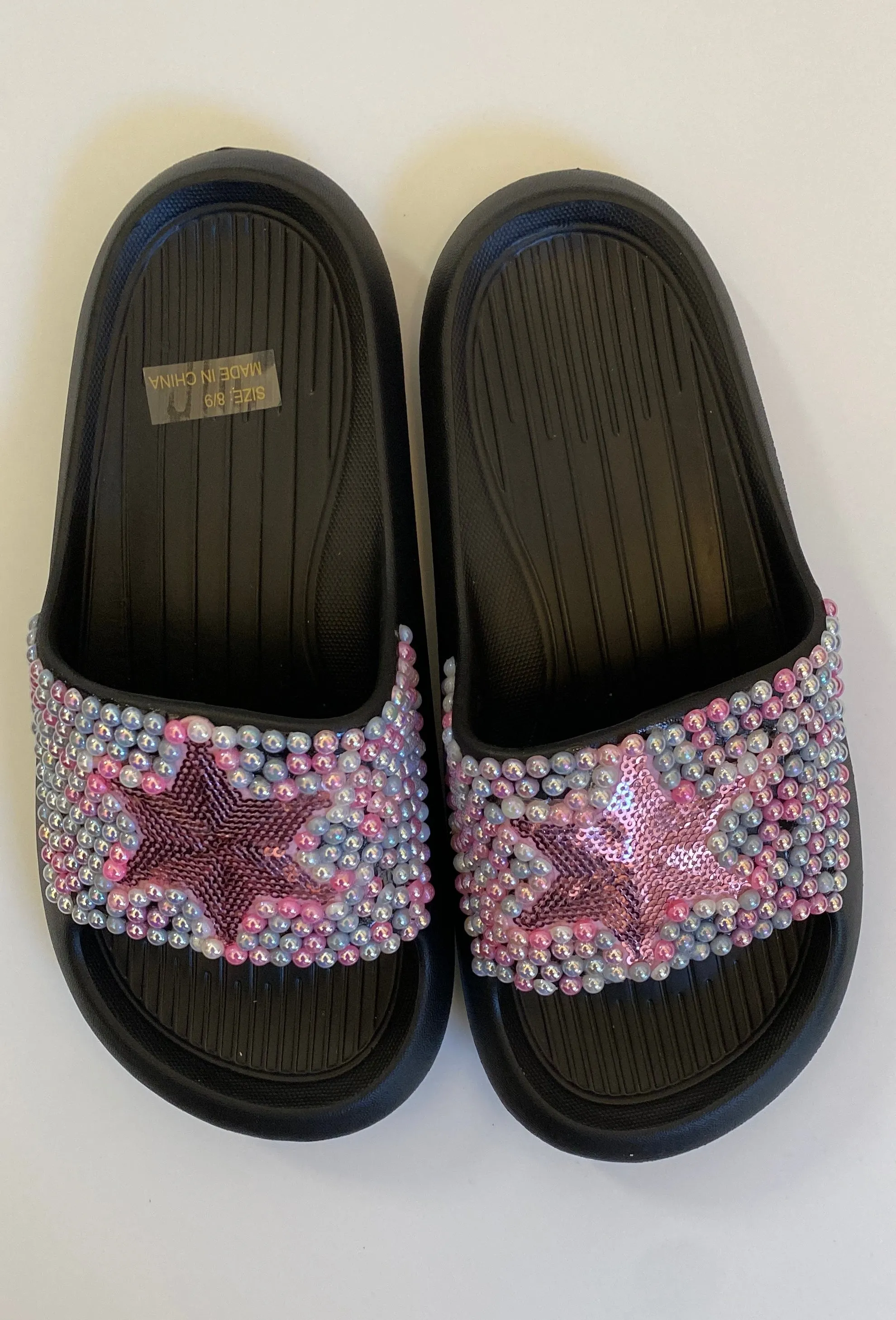 BLACK SLIP ON SLIDES WITH GRAPHICS PINK STAR