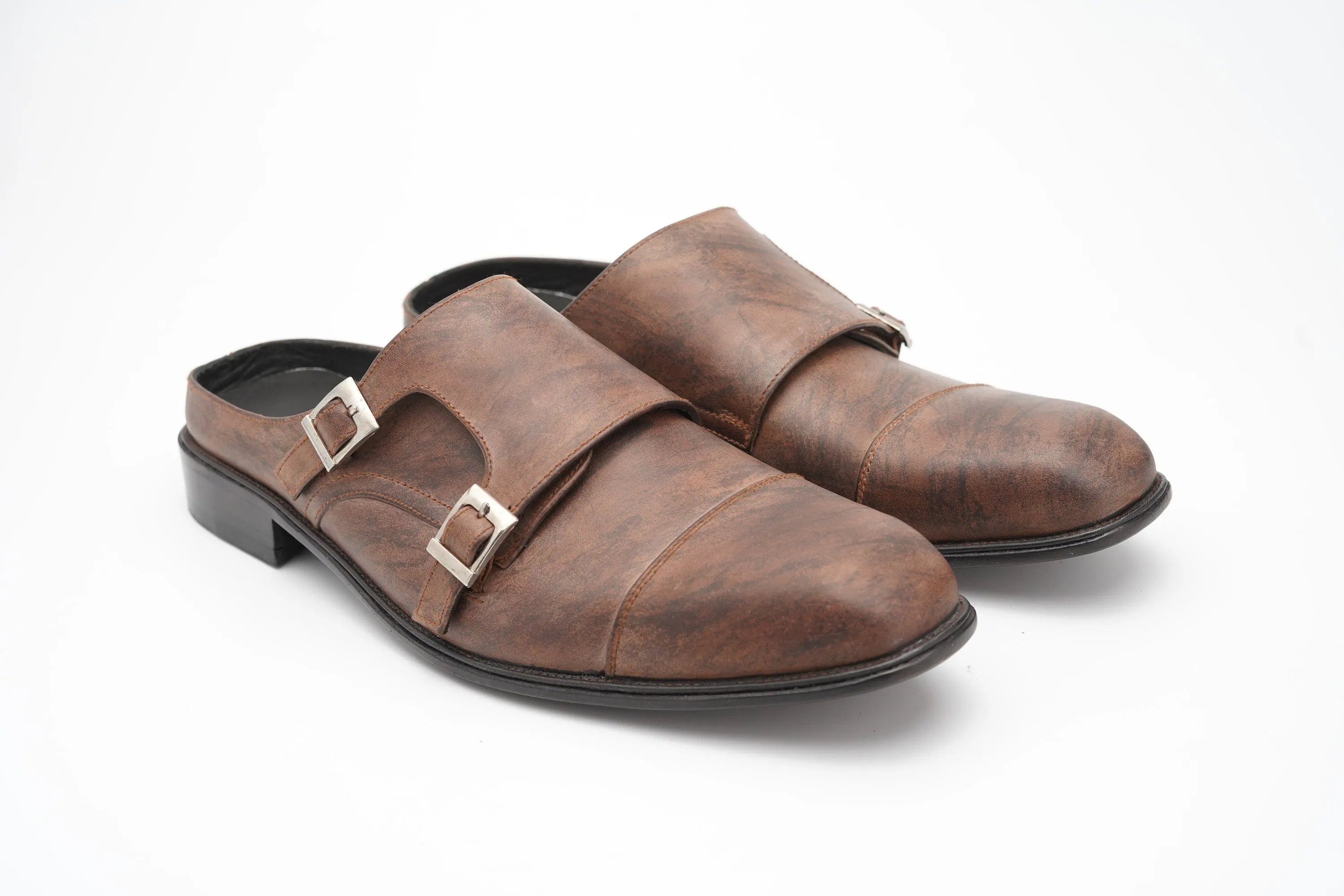 Brown marble patina double Buckle Slip on Mule made using Premium Quality Oily Pull-Up Leather Custom Made-To-Order Shoes Real Handmade