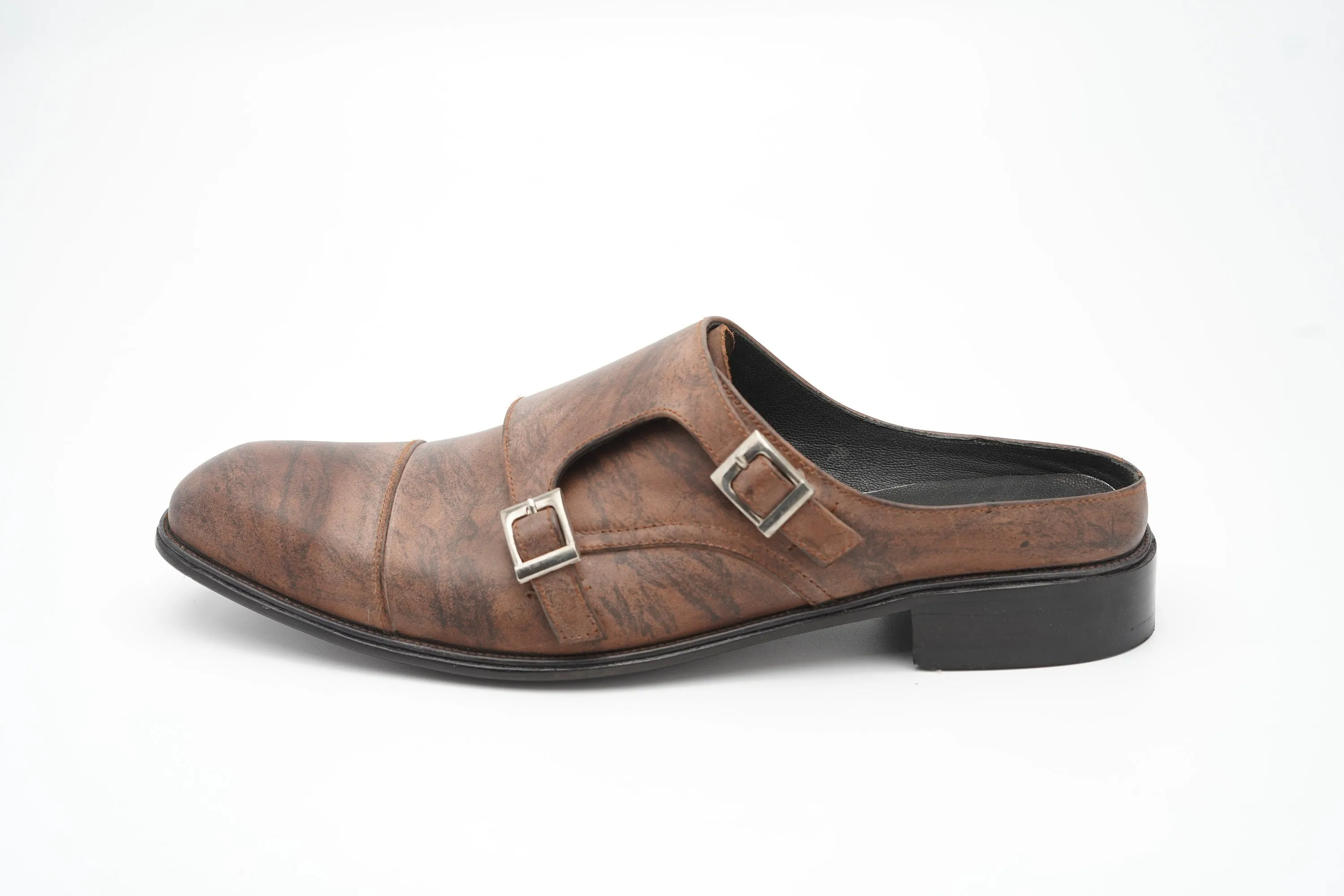 Brown marble patina double Buckle Slip on Mule made using Premium Quality Oily Pull-Up Leather Custom Made-To-Order Shoes Real Handmade