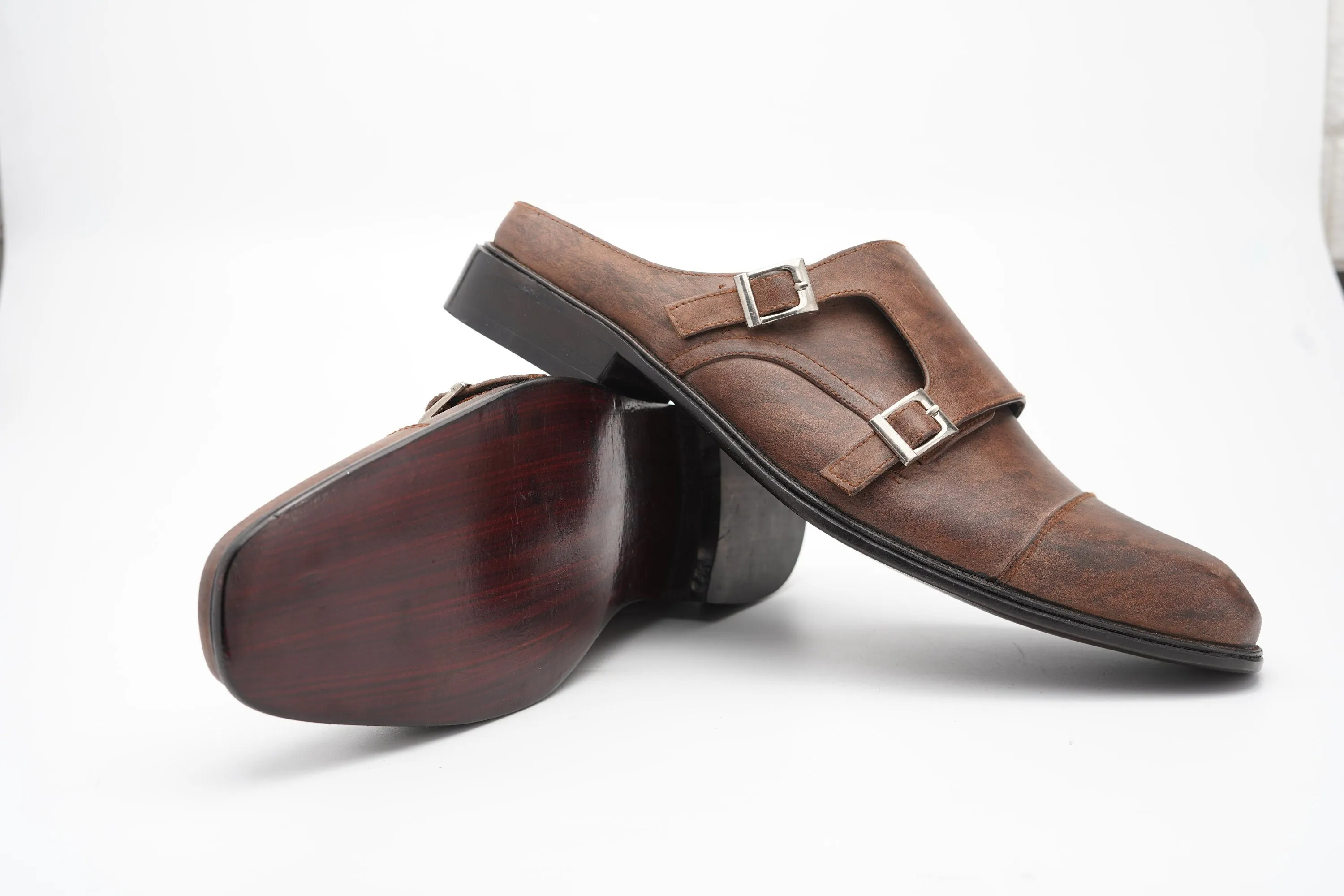 Brown marble patina double Buckle Slip on Mule made using Premium Quality Oily Pull-Up Leather Custom Made-To-Order Shoes Real Handmade