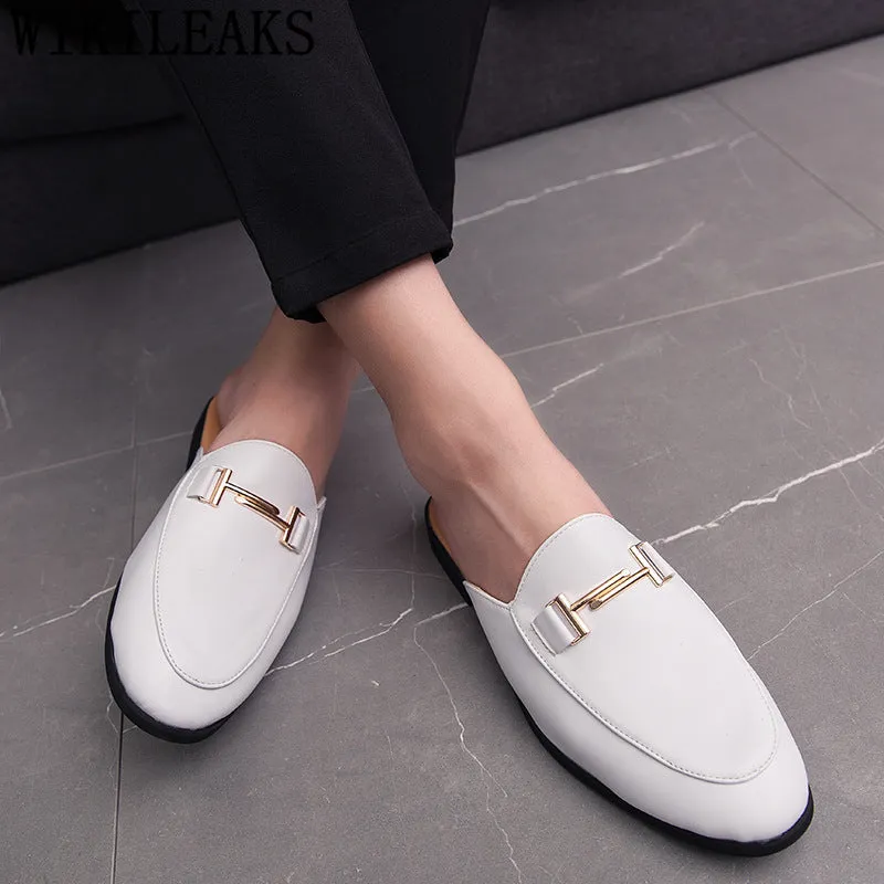 Half shoes for men leather Men's footwear with gold metal