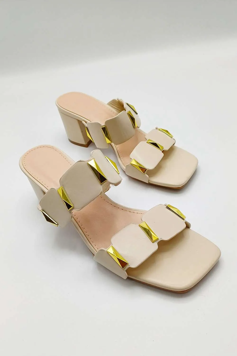 Kolee Stud Detail Block Heel Mules in Cream