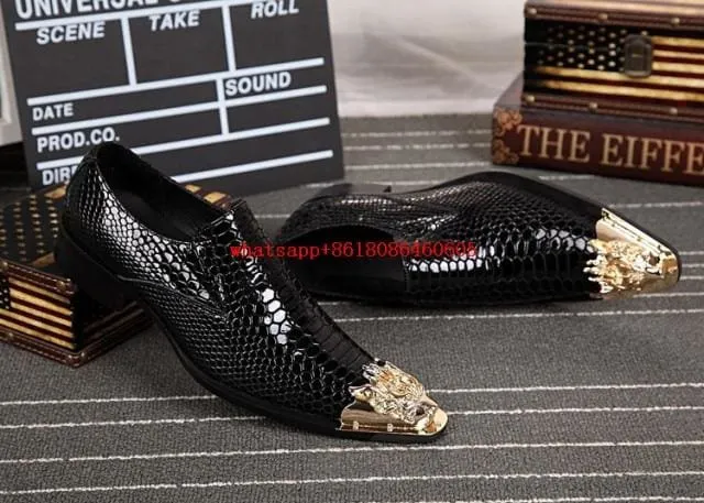 Luxury Gold Steel Toe Metallic Snake Skin Shoes For Men