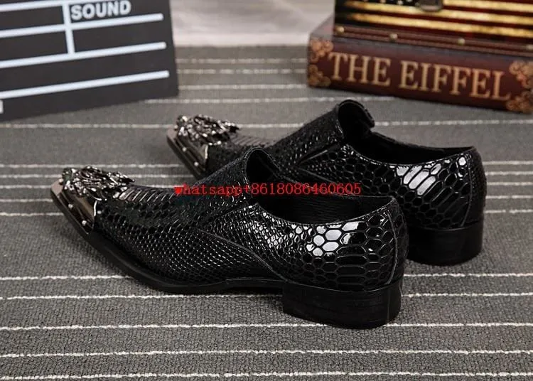 Luxury Gold Steel Toe Metallic Snake Skin Shoes For Men