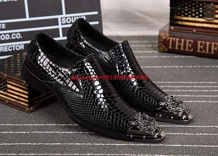 Luxury Gold Steel Toe Metallic Snake Skin Shoes For Men