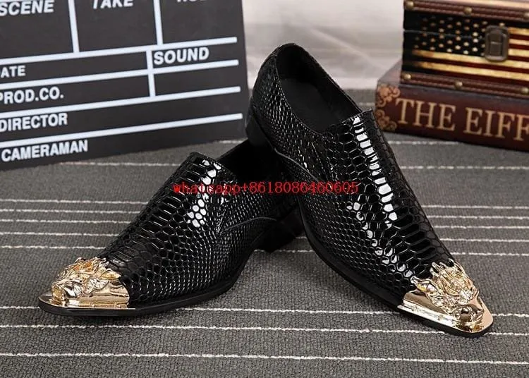 Luxury Gold Steel Toe Metallic Snake Skin Shoes For Men