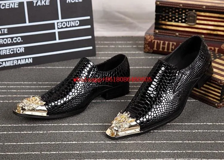 Luxury Gold Steel Toe Metallic Snake Skin Shoes For Men