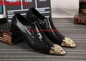 Luxury Gold Steel Toe Metallic Snake Skin Shoes For Men