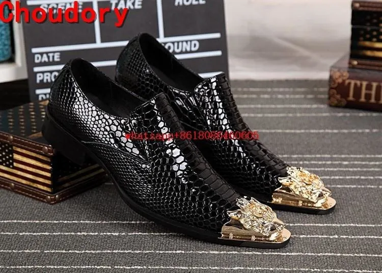 Luxury Gold Steel Toe Metallic Snake Skin Shoes For Men