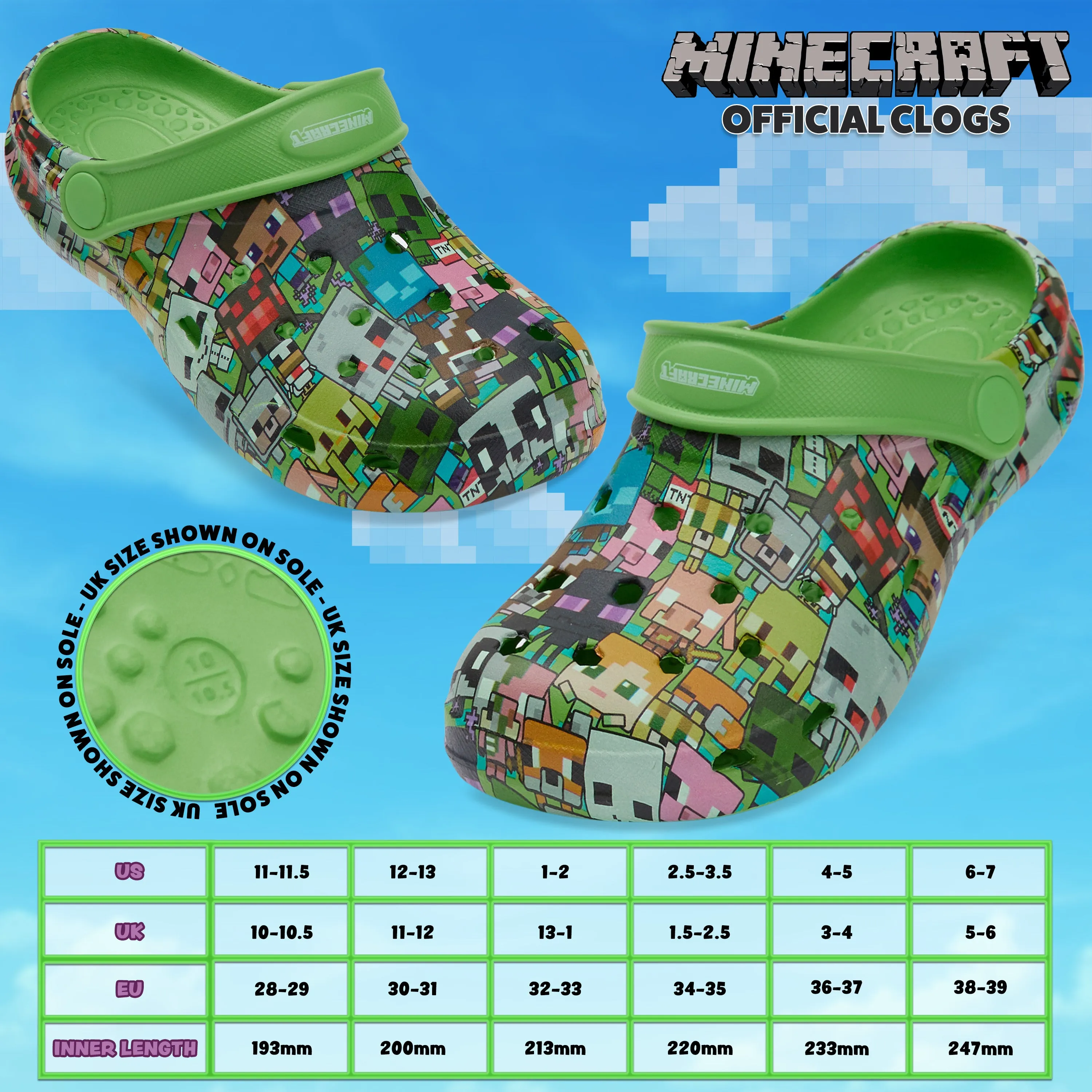 Minecraft Boys Clogs, Kids Summer Shoes for Garden, Beach, Pool Holiday Essentials