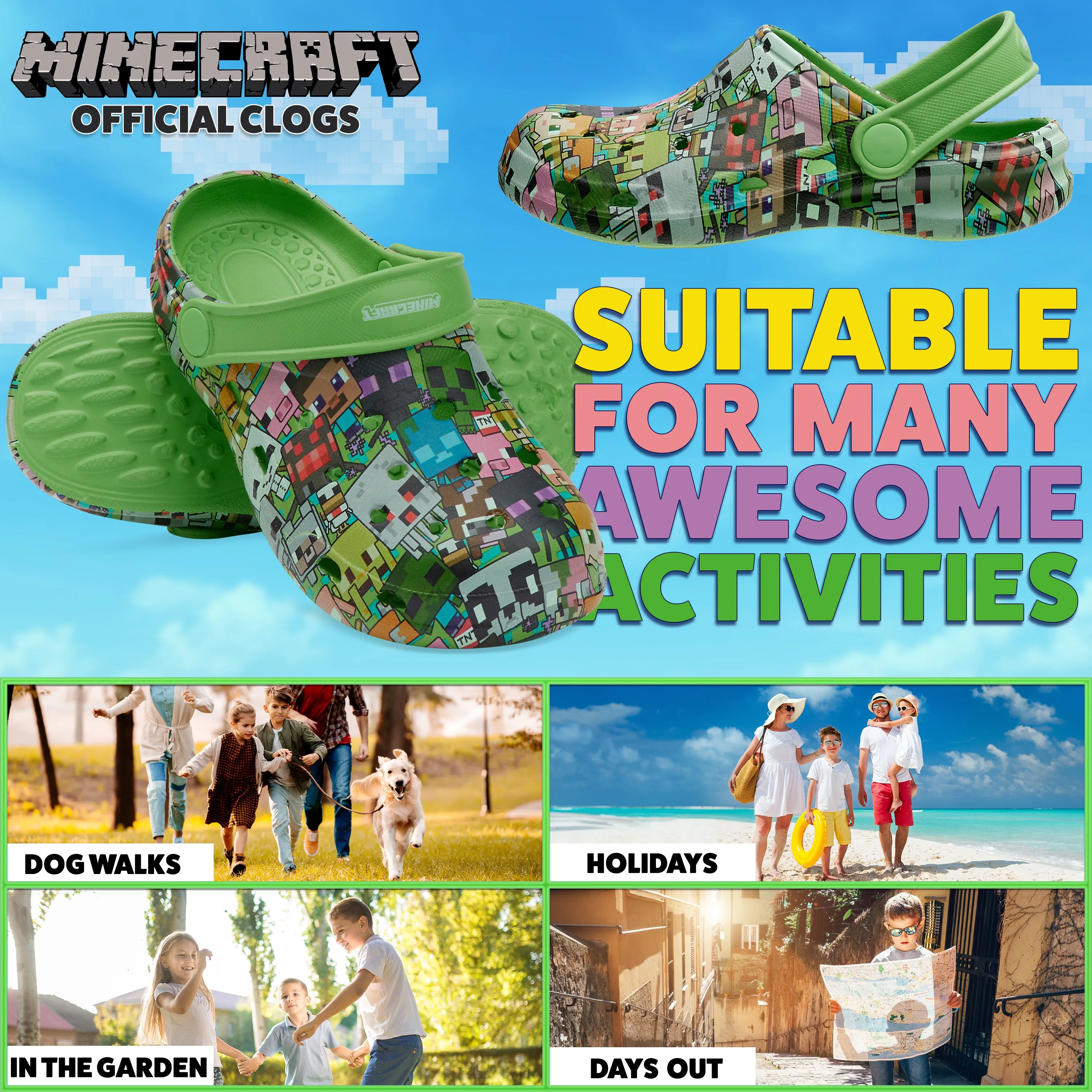 Minecraft Boys Clogs, Kids Summer Shoes for Garden, Beach, Pool Holiday Essentials