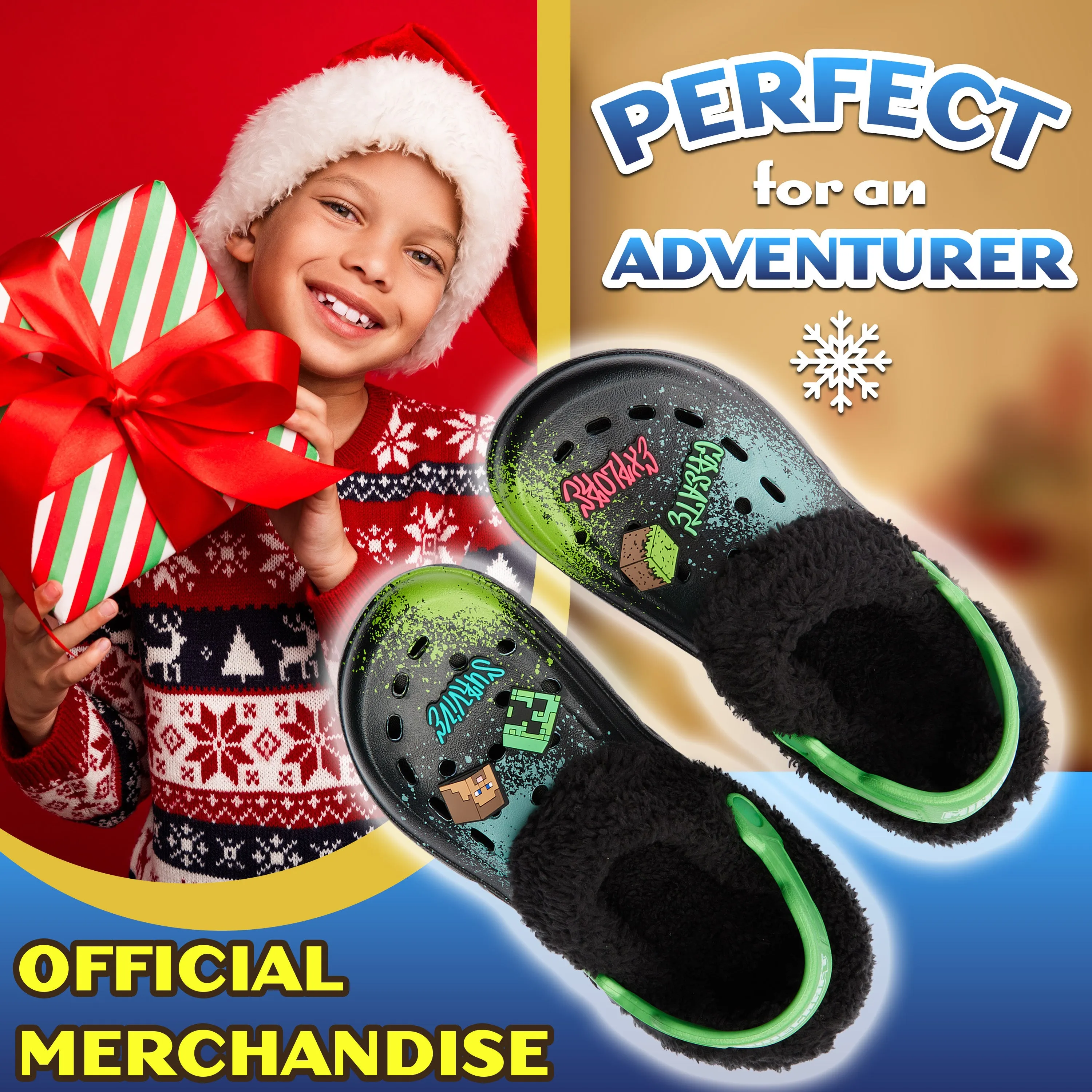 Minecraft Boys Winter Clogs Fleece Lining & Charms, Kids Teens Garden Shoes Slip On with Strap