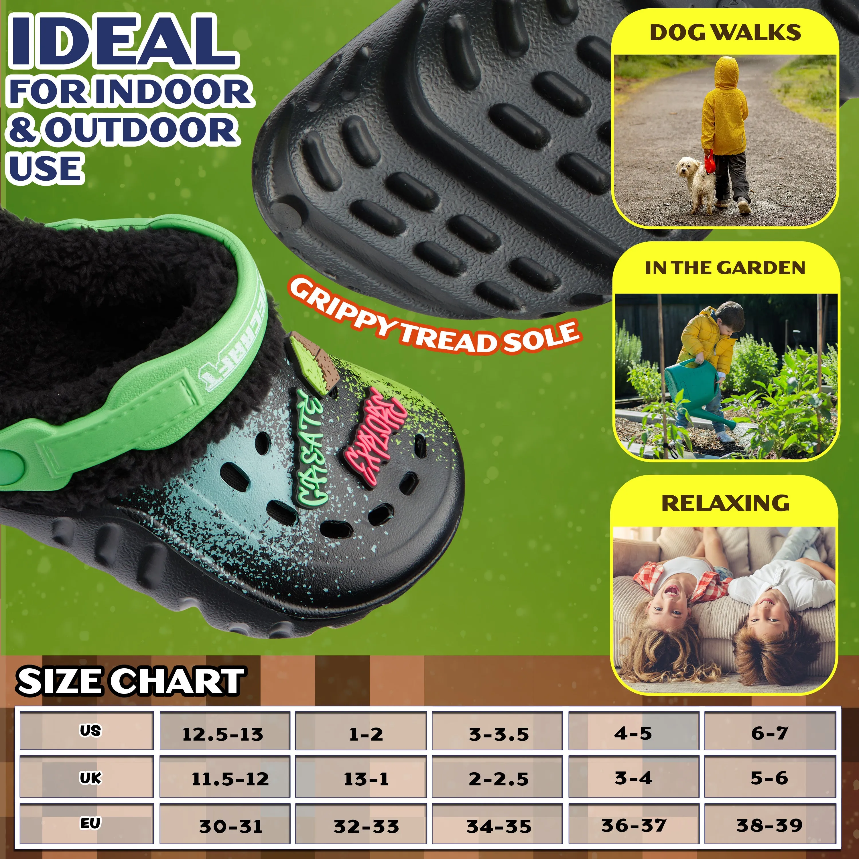 Minecraft Boys Winter Clogs Fleece Lining & Charms, Kids Teens Garden Shoes Slip On with Strap