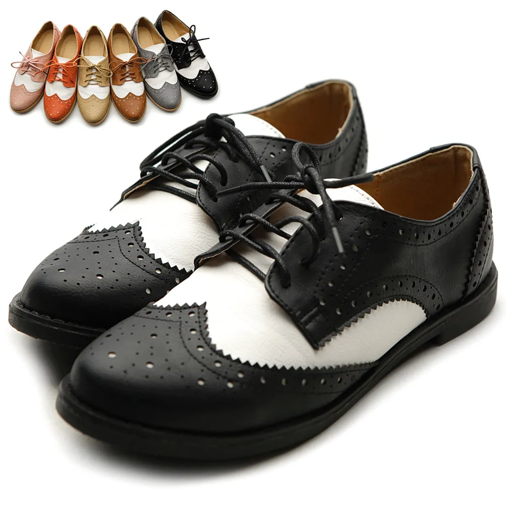 Ollio Women's Flat Shoe Wingtip Lace Up Two Tone Oxford2M2913SAN9