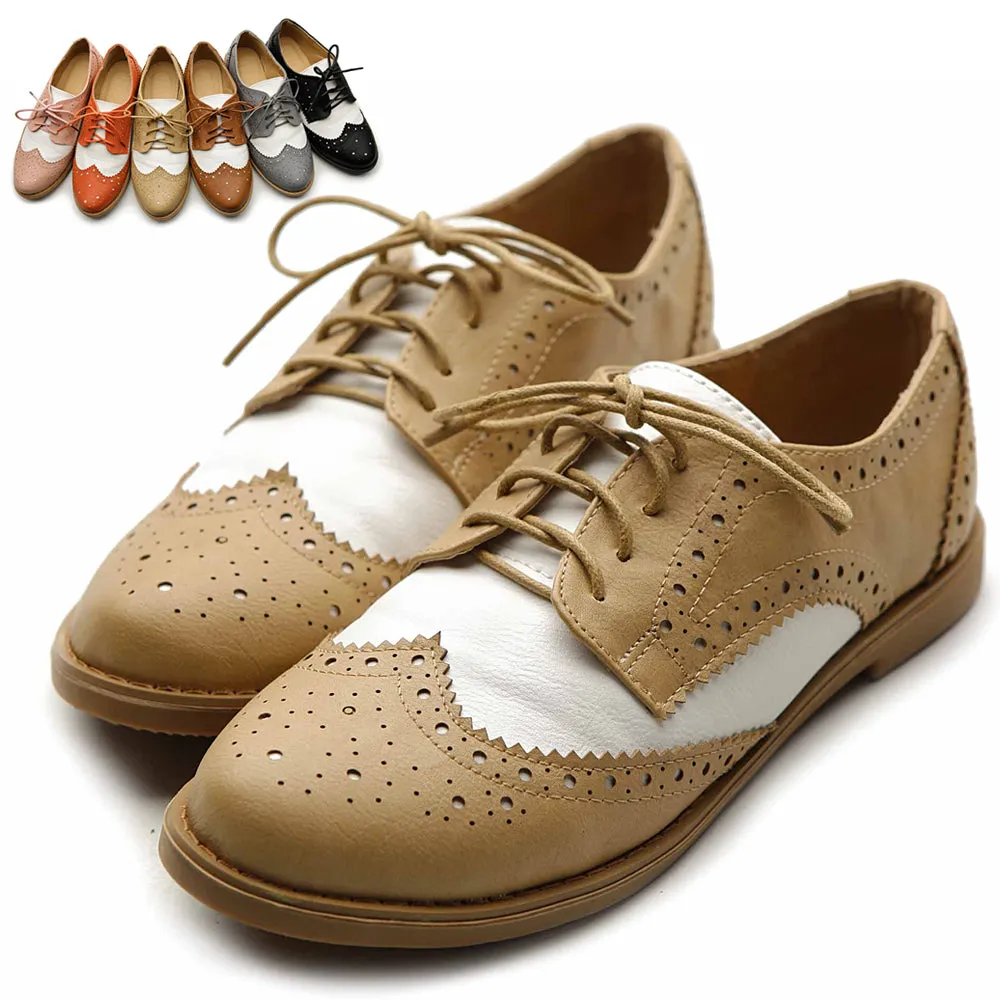 Ollio Women's Flat Shoe Wingtip Lace Up Two Tone Oxford2M2913SAN9