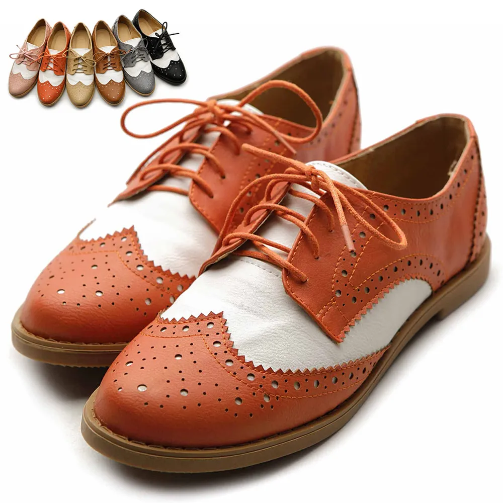 Ollio Women's Flat Shoe Wingtip Lace Up Two Tone Oxford2M2913SAN9