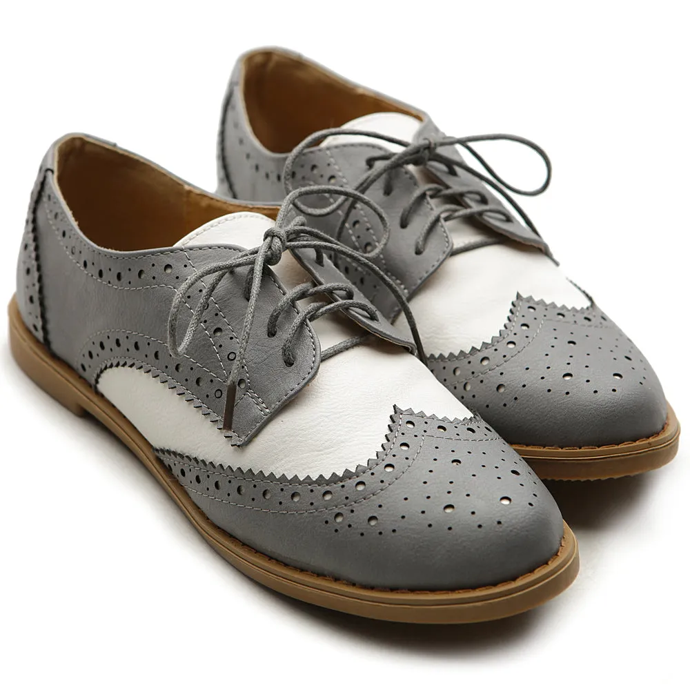 Ollio Women's Flat Shoe Wingtip Lace Up Two Tone Oxford2M2913SAN9