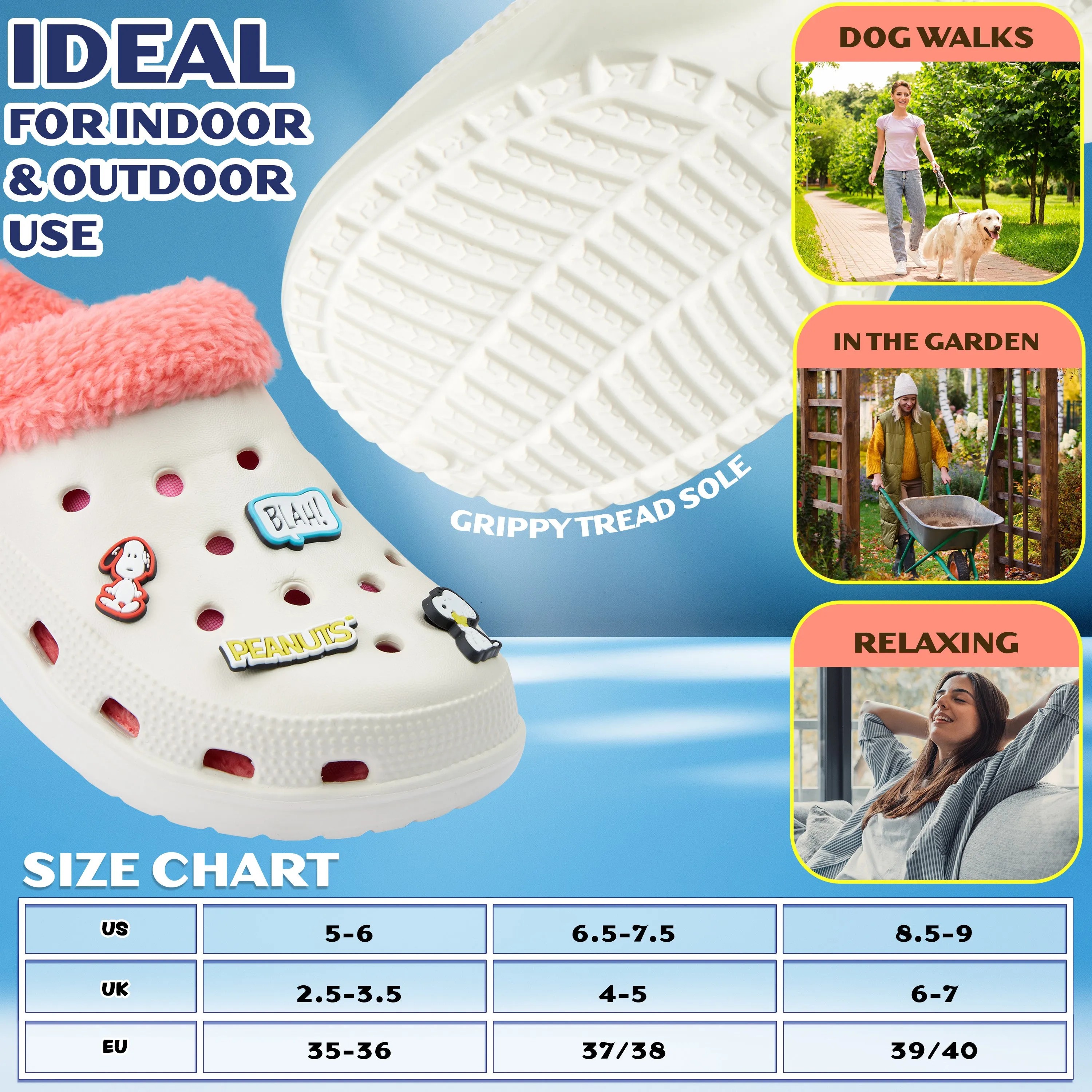 Peanuts Snoopy Clogs Womens Teens Winter Fleece Lining & Removable Charms - Warm Slip On Garden Shoes with Strap