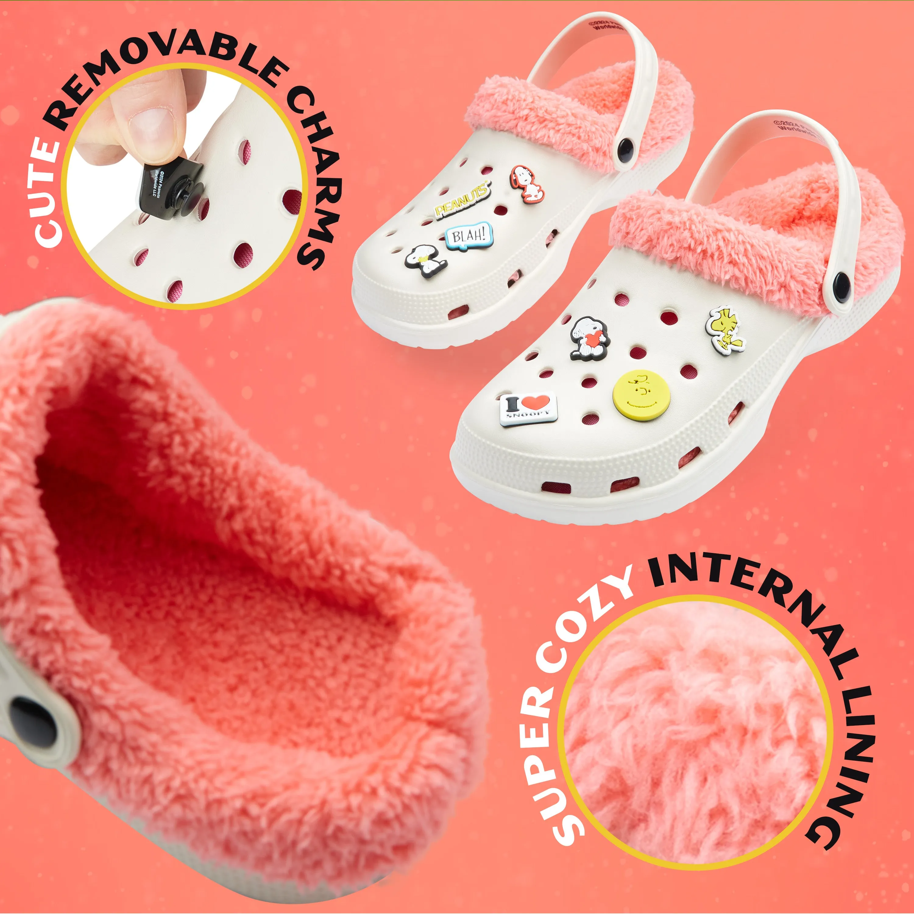 Peanuts Snoopy Clogs Womens Teens Winter Fleece Lining & Removable Charms - Warm Slip On Garden Shoes with Strap