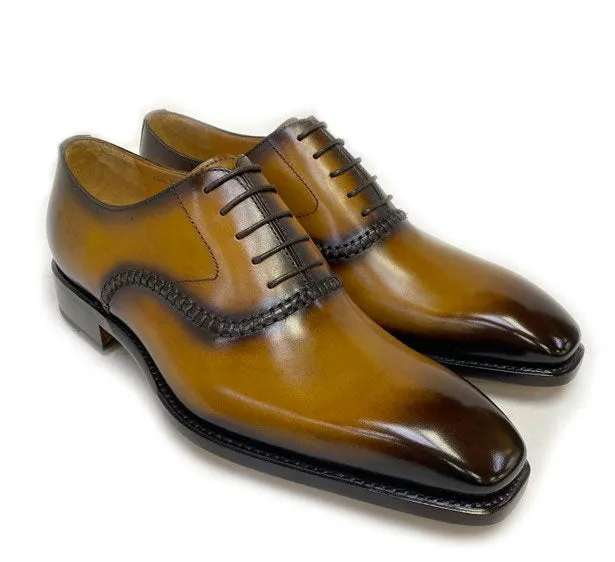 "Daniel" Burnished Calfskin Lace-Up Oxford Caramel