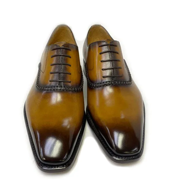 "Daniel" Burnished Calfskin Lace-Up Oxford Caramel