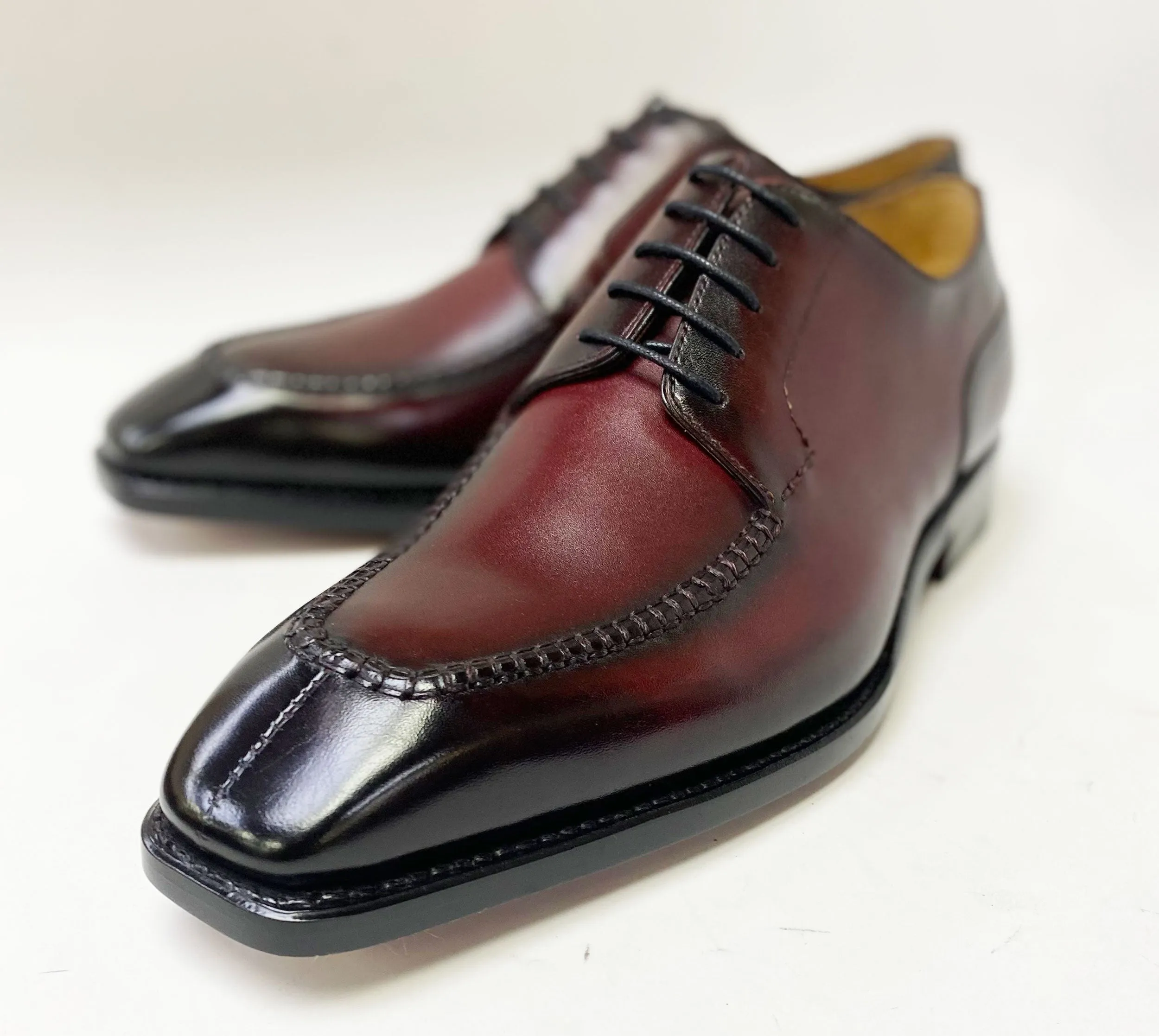 "Norman" Burnished Calfskin Lace-Up Split-Toe Oxford Burgundy