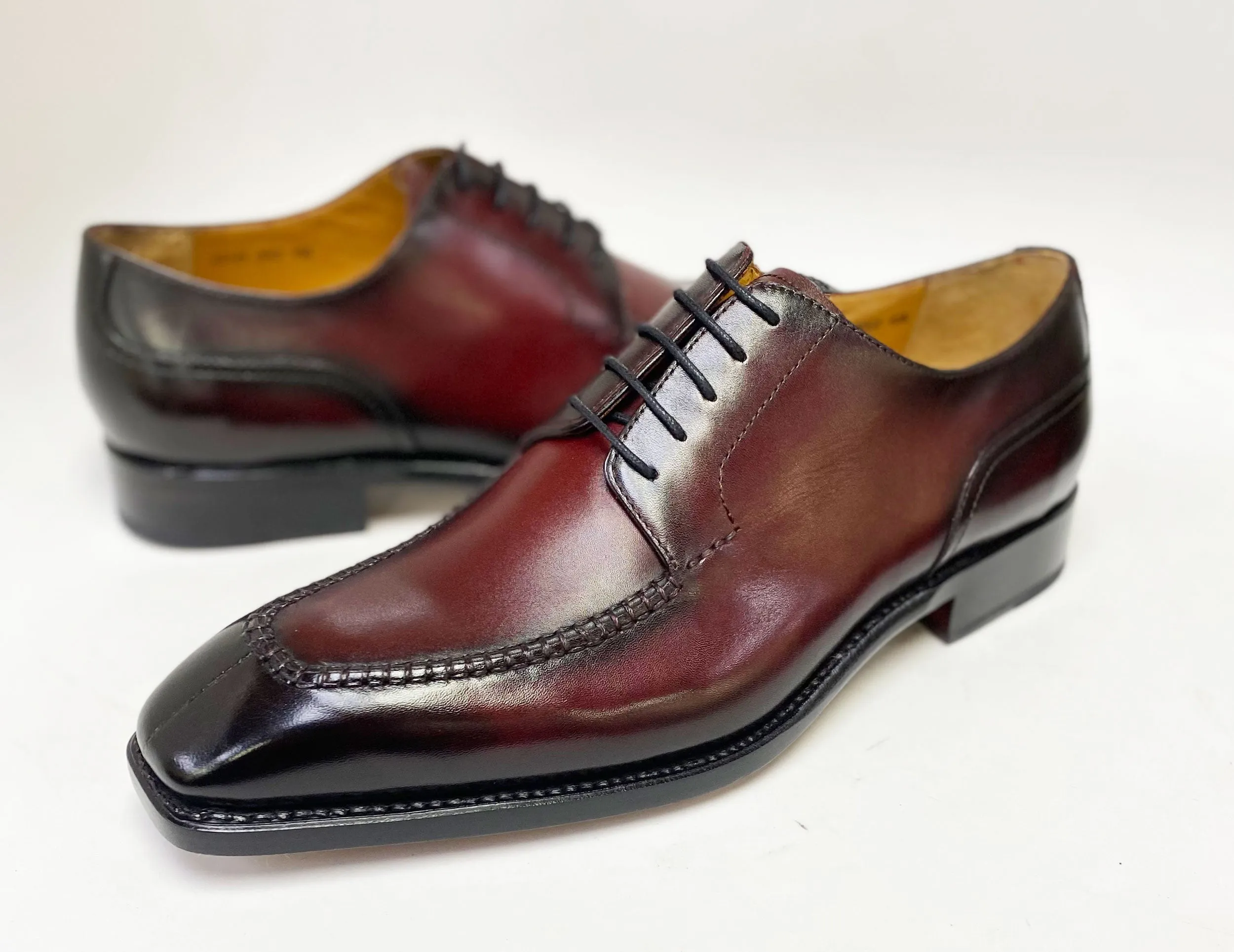 "Norman" Burnished Calfskin Lace-Up Split-Toe Oxford Burgundy