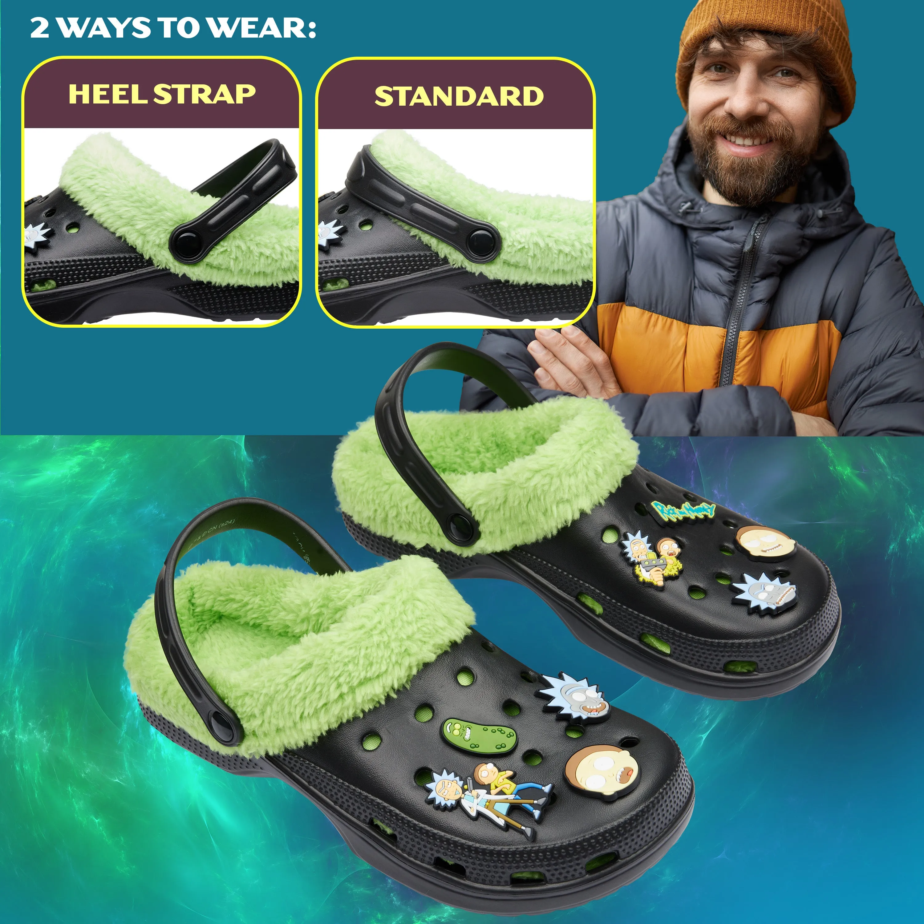 Rick and Morty Clogs Mens Winter Fleece Lining & Removable Charms - Warm Slip On Garden Shoes with Strap