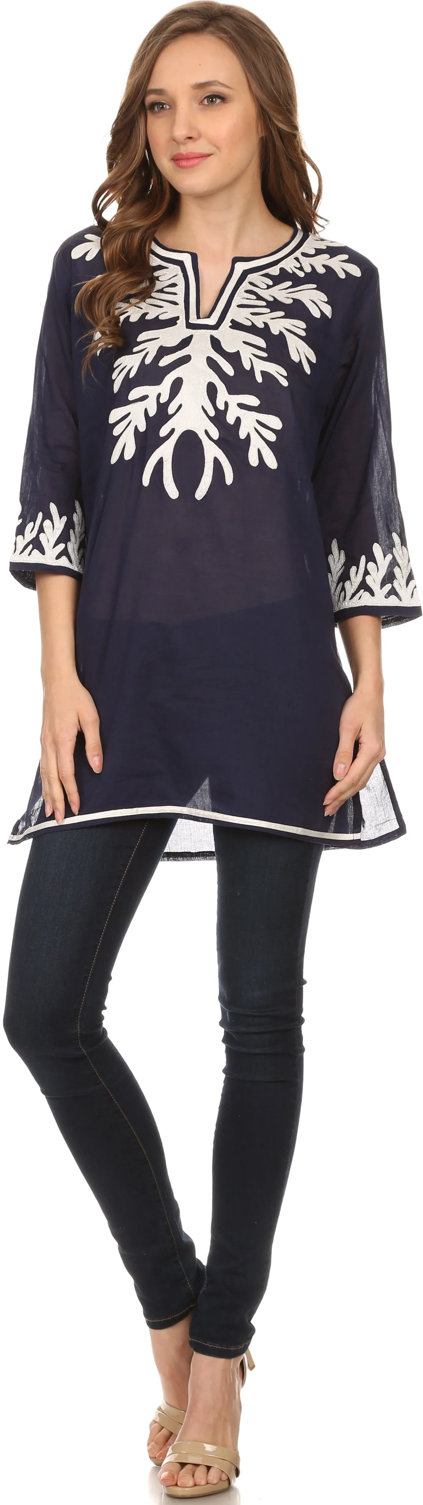 Sakkas Gyan Tunic Blouse Shirt With Long Sleeves And Emrboidery Details