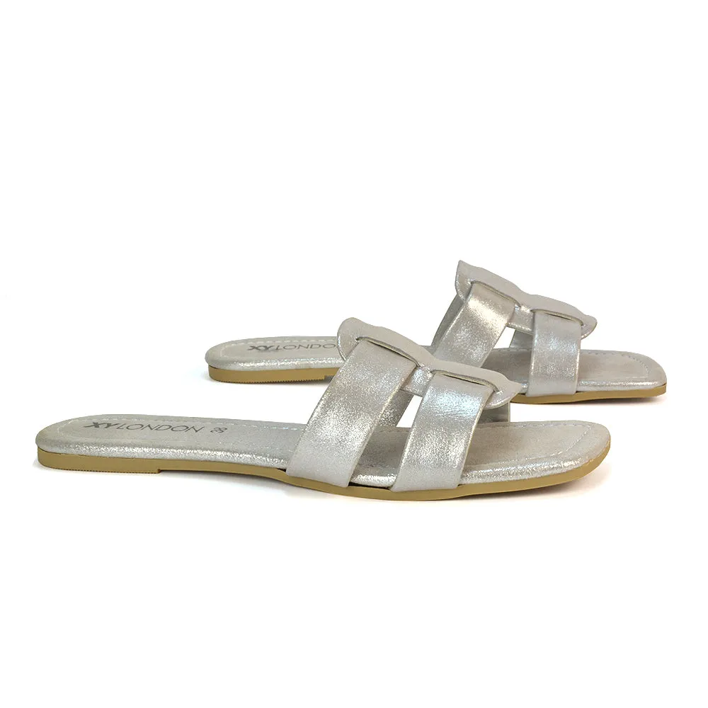 Selma Slip On Mule Square Toe Leather Flat Sandals Slides in Silver