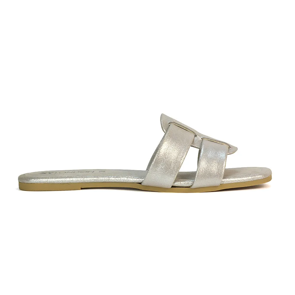 Selma Slip On Mule Square Toe Leather Flat Sandals Slides in Silver