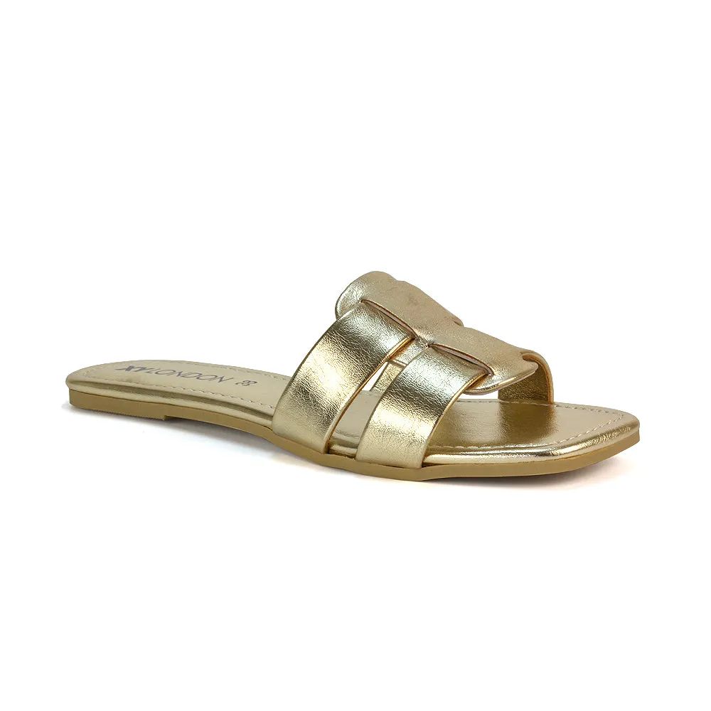 Selma Slip On Mule Square Toe Leather Flat Sandals Slides in Silver