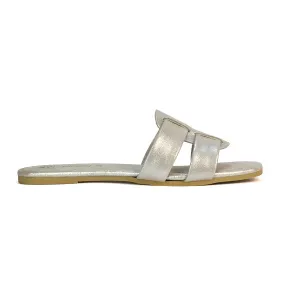 Selma Slip On Mule Square Toe Leather Flat Sandals Slides in Silver