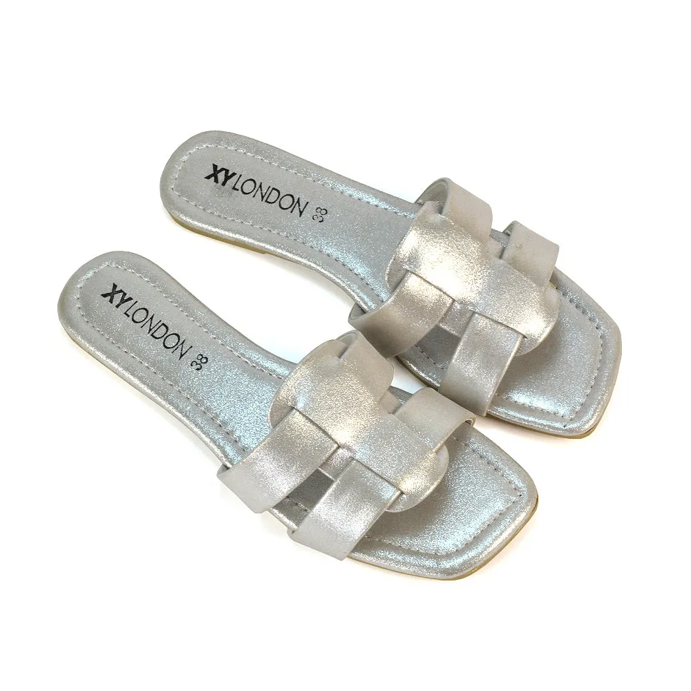 Selma Slip On Mule Square Toe Leather Flat Sandals Slides in Silver