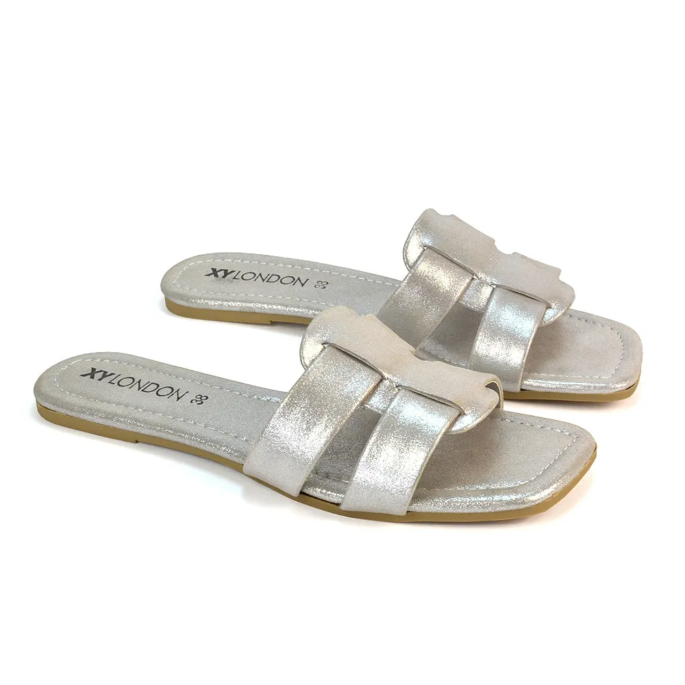 Selma Slip On Mule Square Toe Leather Flat Sandals Slides in Silver